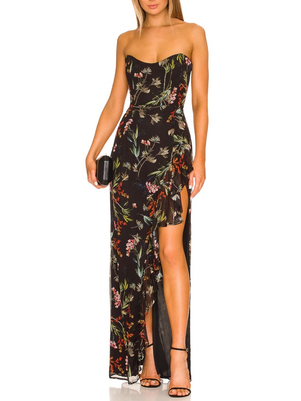 NWT Katie May Baby Cakes Gown Black Floral Strapless Maxi Dress Sz XS